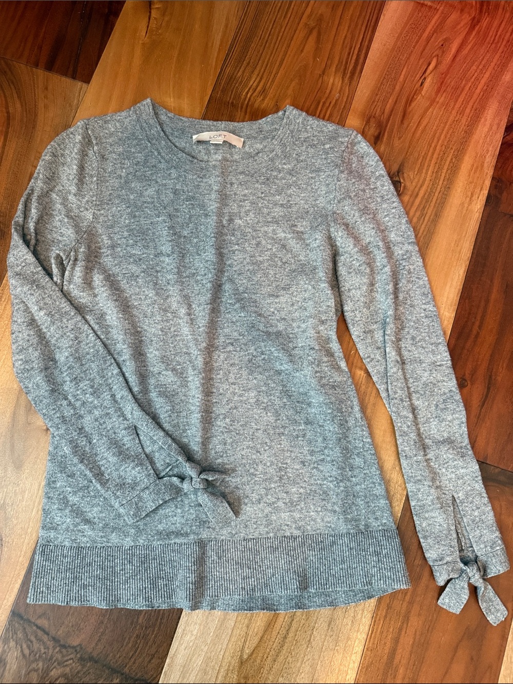 LOFT Light Heather Gray Tie-Cuff Crewneck Sweater